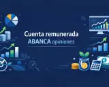 Gráficos de crecimiento financiero, monedas y una calculadora, con el texto "Cuenta remunerada ABANCA opiniones".
