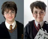 Daniel Radcliffe som ung Harry Potter, först i närbild och sedan med en filmklappa.
