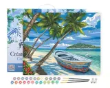 Une peinture par numéros d'une barque en plastique colorée échouée sur une plage tropicale, sous des palmiers, avec une île en arrière-plan.