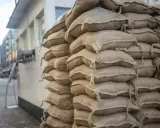 Stos worków cementu na palecie, gotowy do budowy. Widać ich wiele, tworzą solidną barierę.