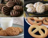 Cuatro tipos de galletas caseras: de chocolate, craqueladas, de avena y de mantequilla con forma de pretzel.