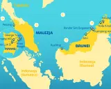 Mapa Malezji, Brunei i części Indonezji z zaznaczonymi miastami i trasami lotniczymi.