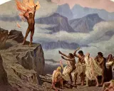 Prometheus, der Titan, bringt den Menschen das Feuer. Eine Gruppe von Menschen blickt voller Ehrfurcht auf das Geschenk, das den Prometheus-Mythos verkörpert.