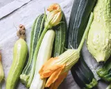 Une variété de courgette, des fleurs de courgette et des courgettes de différentes formes et couleurs, disposées sur un tissu gris.