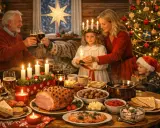 Familjen samlas kring julbordet för en mysig jul i Sverige. En stjärna lyser i fönstret, granen är klädd och ljusen tänds.