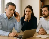Trois personnes, visiblement préoccupées, discutent autour d'un ordinateur. L'homme au téléphone semble attendre une réponse du syndic.
