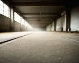 Pusta hala z betonową posadzką i rzędem okien po lewej. Długi korytarz, kurz w powietrzu. Dlaczego beton nie ma pracy?