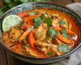 En skål med krämig, röd curry med kyckling, morötter och koriander. En limeklyfta ligger på kanten. En härlig thai mat.