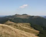 Połonina Wetlińska wznosi się ku niebu, oferując widok na łagodne, trawiaste wzgórza i gęste lasy.