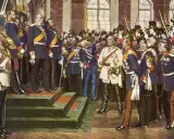 Männer in Uniformen, die die deutsche Frage im 19. Jahrhundert diskutieren. Kaiser Wilhelm I. und Bismarck im Zentrum.