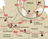 Mapa de radares en Sevilla y alrededores. Indica ubicaciones de controles de velocidad en carreteras como la A-4, A-92 y SE-40.