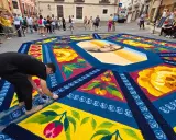 Un hombre finaliza una de las alfombras de serrín de Elche de la Sierra, con un retrato central y motivos florales y frutales.