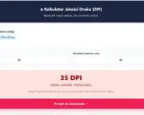 Kalkulator jakości druku (DPI) pokazuje 35 DPI dla pliku PRO-4100-canon.webp o wymiarach 70x50 cm, co oznacza niską jakość.