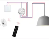 Schemat jak podłączyć ściemniacz oświetlenia. Pokazuje połączenie włącznika, modułu ściemniacza, lampy, pilota i smartfona.