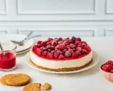 Un délicieux cheesecake framboise, garni de fruits rouges givrés, prêt à être dégusté avec un coulis et des biscuits.