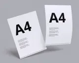 Dwa białe arkusze papieru formatu a9 z czarnym napisem "A4" i tekstem.