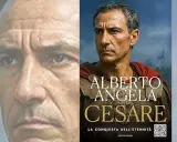 Copertina del libro "Cesare. La conquista dell'eternità" di Alberto Angela, con un primo piano dell'autore e un'immagine di Cesare in armatura.