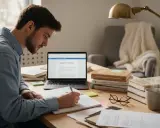 Mężczyzna pisze pracę magisterską na laptopie, notując w zeszycie. Tak wygląda rozprawa zdalna.
