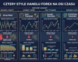 Cztery style handlu Forex: Scalping, Day Trading, Swing Trading, Position Trading. Wykresy pokazują sygnały giełdowe, ryzyko, koszty i kluczowe zmienne.