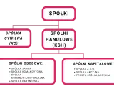 Schemat podziału spółek. Wśród spółek handlowych wyróżniono spółki osobowe (jawna, komandytowa, komandytowo-akcyjna, partnerska) i kapitałowe (z o.o., akcyjna, prosta spółka akcyjna).