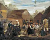 Midsommarhistoria: Människor i folkdräkter dansar runt en majstång i en by.