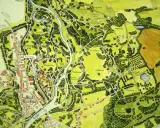 Mapa Parku Mużakowskiego: atrakcje obejmują Neues Schloss, Oberpark, liczne stawy i malownicze polany.