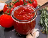 Ein Glas hausgemachtes Ketchup, das Zutaten für das beste Ketchup Rezept: Tomaten, Knoblauch, Rosmarin, Salz und Gewürze.