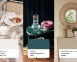 Tendenze arredamento: tavola apparecchiata, tavolino in marmo verde e specchio in rattan. Colori: Cloud Dancer, Transformative Teal, Universal Khaki.