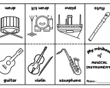 Kolorowanki instrumentów muzycznych: bęben, zestaw perkusyjny, pianino, flet, gitara, skrzypce, saksofon.