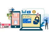 Warnung vor **phishing deutsch**: Ein Mann angelt nach Geld, während ein zerbrochenes Schloss auf einem Laptop Sicherheitsprobleme symbolisiert.