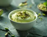 Crème anglaise pistache onctueuse, garnie de pistaches concassées et de quelques pistaches entières. Un délice vert et gourmand.
