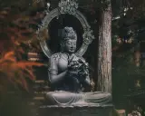 Posąg Buddy w medytacyjnej pozie, otoczony drzewami. Symbolizuje cykl życia i śmierci, buddyzm reinkarnacja.