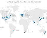 Carte mondiale des 42 régions Azure de Microsoft, incluant des data centers en Amérique du Nord, Europe, Asie et Australie.