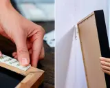 Manos aplican adhesivo a un marco de madera. Mujer alinea marco a pared. Guía visual de como colgar un cuadro sin clavos.