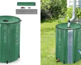 Barril verde para recoger agua de lluvia, con medidor de nivel y grifo. Ideal para el jardín.