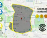 Mapa de Madrid con distintivos DGT (0, ECO, C, B) y escenarios de contaminación. La etiqueta C de Madrid es clave para circular.