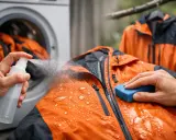 Czyszczenie kurtki z membraną: ręka spryskuje pomarańczową kurtkę płynem, a druga czyści ją gąbką. W tle pralka.