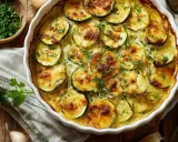 Ein goldbraun gebackener Zucchini-Auflauf mit Käse überbacken, garniert mit frischer Petersilie. Köstlich und einfach zuzubereiten.