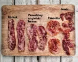 Boczek, prawdziwy angielski bekon, pancetta i jamón na desce. Różne rodzaje wędlin, każdy smakuje inaczej.
