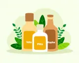 Trois bouteilles étiquetées Vata, Pitta et Kapha, entourées de feuilles vertes, symbolisant une infusion ayurvédique.