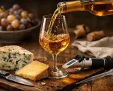 Verre de vin blanc sucré versé, accompagné de fromages bleus et affinés, de raisins et d'un réfractomètre.