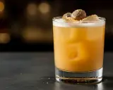 En gyllene drink med is, toppad med muskotnöt. En perfekt "painkiller drink" för att lindra törsten.