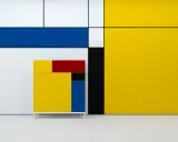 A cabinet in the style of De Stijl art, featuring primary colors and geometric shapes, stands against a wall with similar bold lines and blocks of yellow, red, blue, and white.