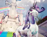 Kryształowy jednorożec przed zamkiem z tęczą. To scena z gry Tiny Tina's Wonderlands, która doczekała się spolszczenia.
