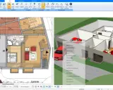 Grundriss altes Bauernhaus mit Garage, Wohnbereich, Schlafzimmer und Bad. 3D-Ansicht zeigt das Innere des Hauses.