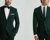 Tuxedo vs suit: A man in a dark green tuxedo with satin lapels and a bow tie, next to a man in a dark green suit with a tie.