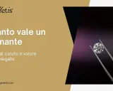 Un diamante scintillante tenuto da pinzette, con il testo "Quanto vale un diamante" e "Prezzo al carato e valore reale spiegato". Scopri a quanto corrisponde un carato.