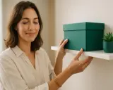 Donna sorride mentre sistema una scatola verde su una mensola, allontanando la negatività in casa con un tocco di ordine e serenità.