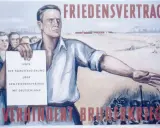 Propagandaplakat: Mann hält "Note der Sowjetregierung über den Friedensvertrag mit Deutschland". Die stalin note karikatur zeigt, wie ein Friedensvertrag Bruderkrieg verhindert.