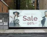 Sztuka plakatu: reklama wyprzedaży do 50% OFF z modelką i modelem.